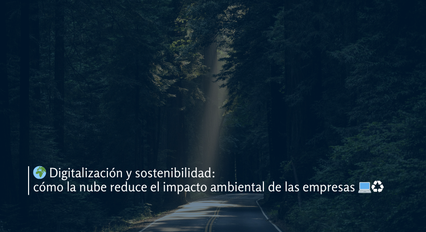 Carretera estrecha rodeada de un frondoso bosque con árboles altos, donde un rayo de luz atraviesa el follaje. La imagen tiene un filtro azul oscuro de baja opacidad. Sobre ella, se muestra el título: '🌍 Digitalización y sostenibilidad: cómo la nube reduce el impacto ambiental de las empresas 💻♻️