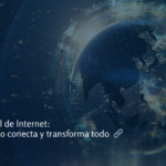 Planeta Tierra digitalizado con líneas de red brillantes, simbolizando la conexión global por Internet