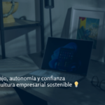 Escritorio en casa con portátil encendido y luz natural, acompañado del título: “🌍 Teletrabajo, autonomía y confianza hacia una cultura empresarial sostenible 💡”