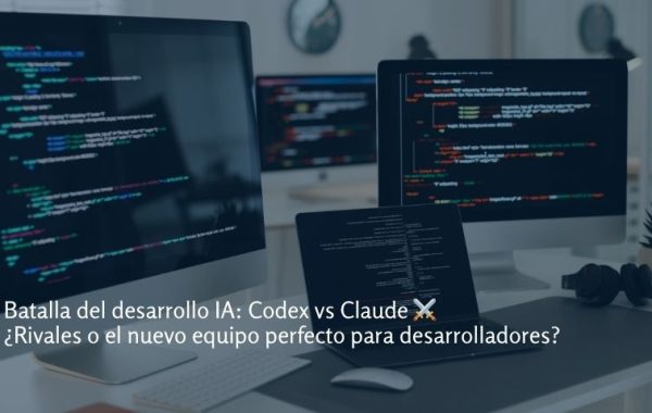 Pantallas de ordenador y portátil con códigos de programación mostrando el concepto de desarrollo con IA y comparación entre Codex y Claude